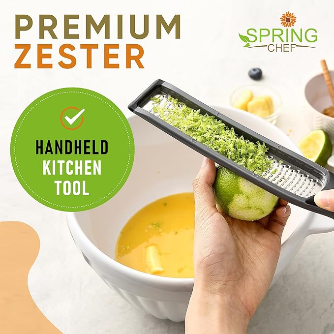 Spring Chef Premium Gray Lemon Zester Grater with Handle - Lime, Garlic, Ginger, Orange, Nutmeg, Fruit Grater - Heavy Duty Kitchen Tool - Stainless Steel Citrus Zester with Blade Cover - Fine Shred