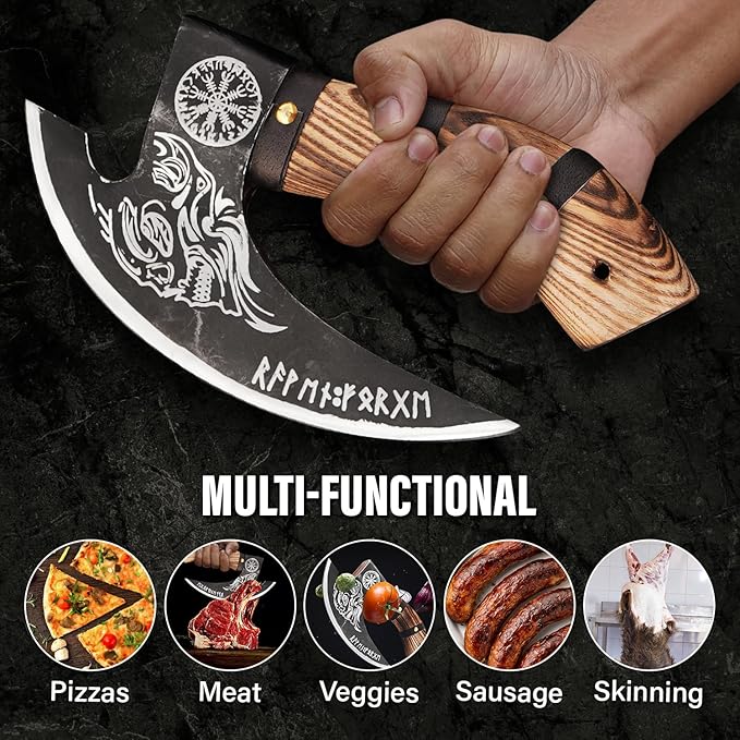 Edgelandknives® Multipurpose Viking Pizza Axe with Sheath, Viking Butcher Axe, Viking Pizza Cutter Axe - Burned Wood Handle & Heavy Duty Viking Skull Head - Perfect for Cutting Pizza, Meat, Vegetables