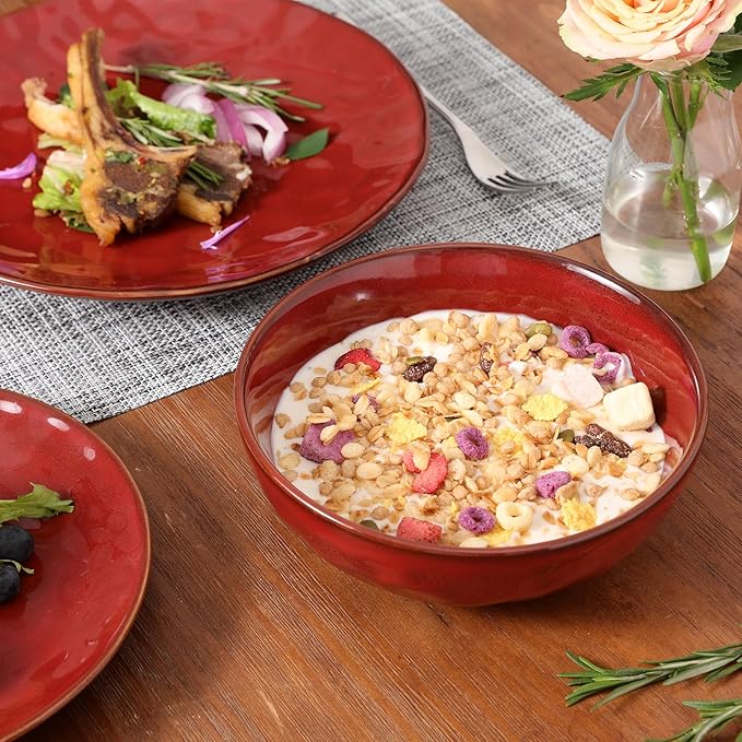 vicrays Ceramic Salad Bowls Set for Kitchen, Serving - 32 Ounce Soup Bowls, Pasta Bowls, Chip Resistant, Dishwasher Microwave Safe, Large, Fluted, Stoneware, Set of 6 (Cherry Red)