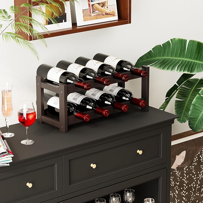 BAMEOS Bamboo Wine Rack, 2 Tier Wine Racks Countertop Storage, Wine Bottle Holder Wine Rack freestanding Floor for Kitchen, Bar, Pantry, Wine Cellar, Basement,Study, (16.85 L x 9.25W x 7H) Espresso