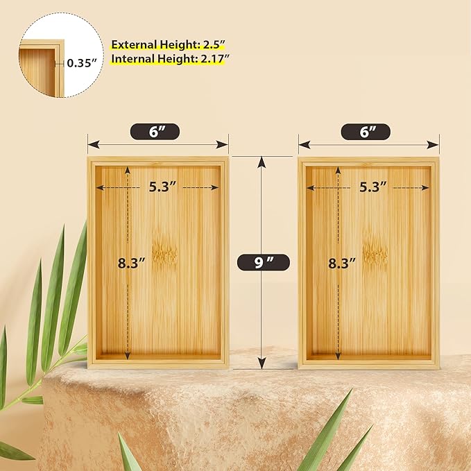 Kitchen Drawer Organizer Bins, Stackable Bamboo Drawer Organizer for Silverware, Flatware, Deep Office Desk Drawer Organizer Tray, Desktop Pen, Office Organization 9" x 6" x 2.5" (Set of 2)