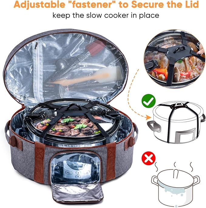 Insulated Slow Cooker Carrying Bag for 6-8 Quart CrockPot and Hamilton Beach Slow Cooker with See-thought Window, Portable Carrier Case with Adjustable Band and Accessory Pocket