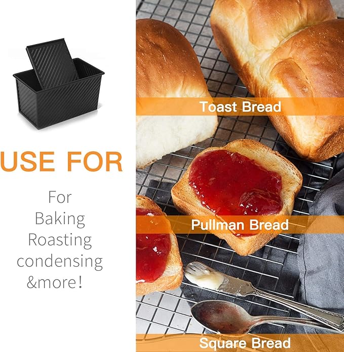 CHEFMADE Pullman Loaf Pan with Lid 2 Pcs, 1Lb Dough Capacity Non-Stick Rectangle Corrugated Bread Pan, Carbon Steel Toast Pan with Cover for Baking Bread - Black