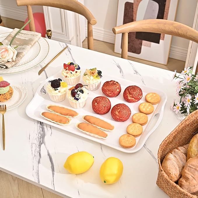 Blue Boat 14" x 10" Serving Trays Set of 2 White, Dinner Tray, Light Weight Easy to Clean Sturdy Stackable Melamine Serving Tray with Handle, Fruit, Snacks, and Desserts Trays