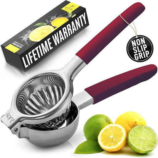 Zulay Lemon Squeezer Stainless Steel with Premium Heavy Duty Solid Metal Squeezer Bowl and Food Grade Silicone Handles - Large Manual Citrus Press Juicer and Lime Squeezer Stainless Steel (Cranberry)