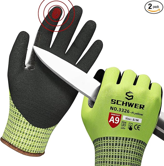 Schwer ProGuard Highest Level Cut Resistant Work Gloves PR3326 for Extreme Protection，ANSI A9 Cut Gloves with Reinforced Thumb, Non Slip, Non PFAS, Durable, Touch-screen, Yellow 2 Pairs（M）