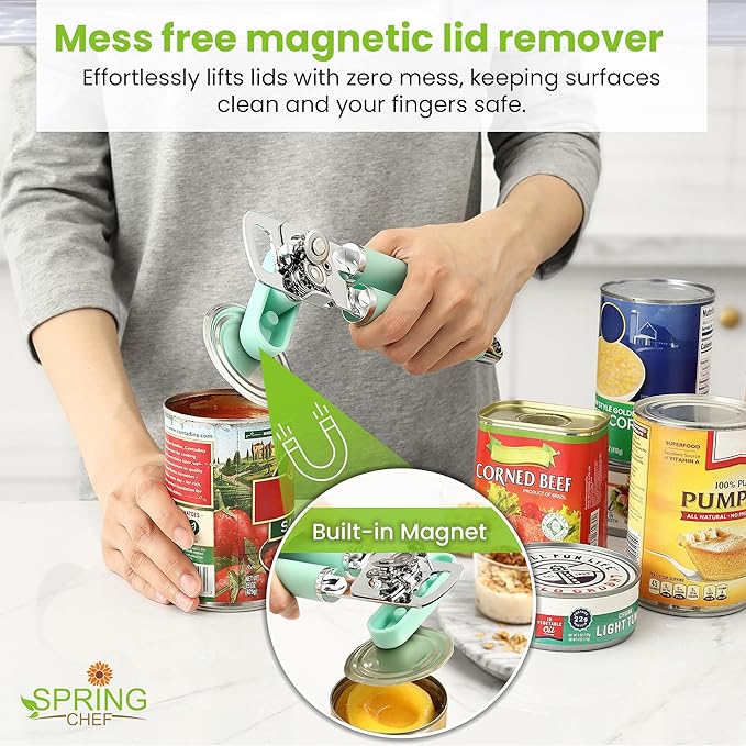 Spring Chef Stainless Steel Can Opener - Manual with Soft Grip Handles, Easy Turn, Heavy Duty Hand Can Opener for Seniors with Smooth Edge - Built-in Magnetic Lid Remover - Mint