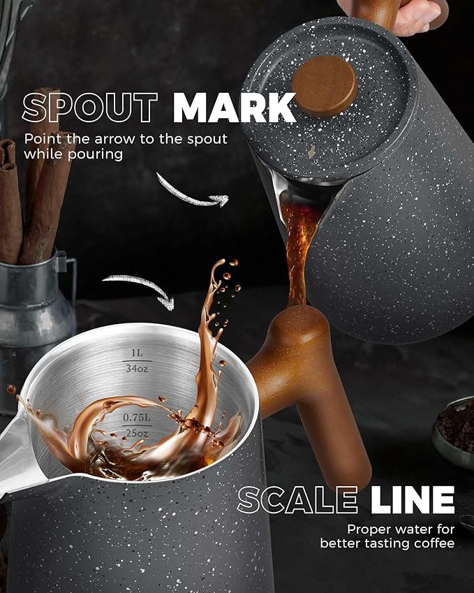 POLIVIAR French Press Coffee Maker, 34 oz Coffee Press with Real Wood Handle, Double Wall Insulation & Dual-Filter Screen, Food Grade Stainless Steel for Good Coffe and Tea, JX2025-XFPG