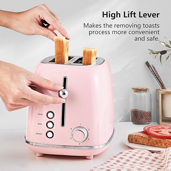 2 Slice Toaster Retro Stainless Steel with Bagel, Cancel, and Defrost Functions, 6 Bread Shade Settings, Extra Wide Slots and Removable Crumb Tray, Pink