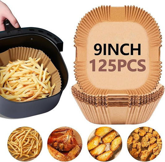 UBeesize 9-Inch Air Fryer Parchment Liners - 125 Pack, Square Non-Stick Disposable Paper Sheets for Microwave & Air Fryers, Unbleached Baking Sheets (8-Inch Base)