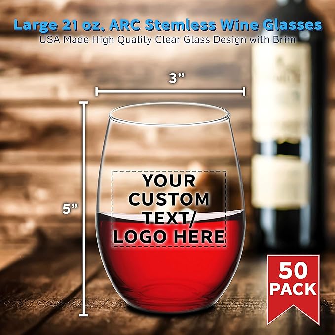 DISCOUNT PROMOS 50 ARC Stemless Wine Glasses Set, 21 oz. - Customizable Text, Logo - Chardonnay, Cabernet, Merlot, Sauvignon - Clear