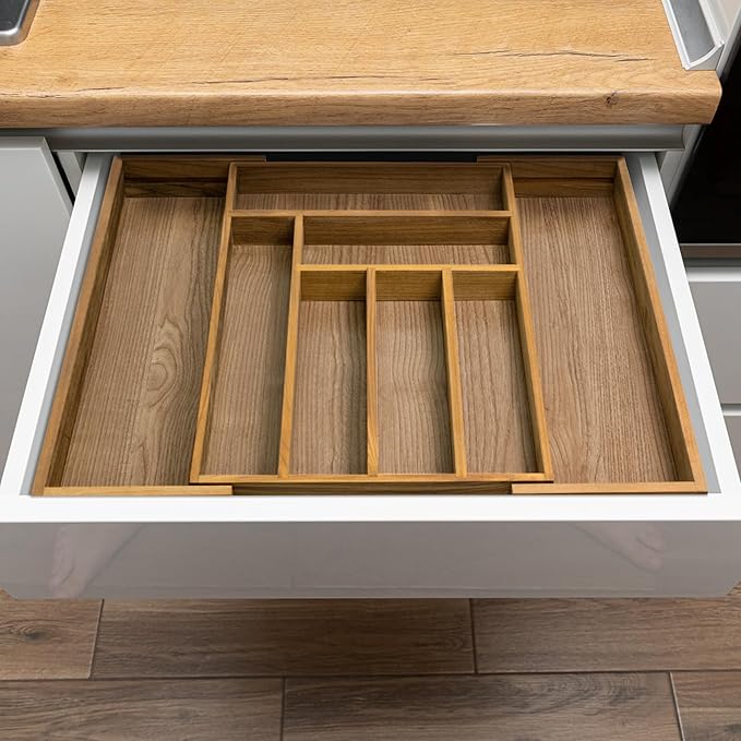 VaeFae Teak Drawer Organizer, Large Silverware Organizer, Expandable Utensil Organizer for Kitchen Drawer, Wooden Cutlery Tray Drawer Dividers Organizer