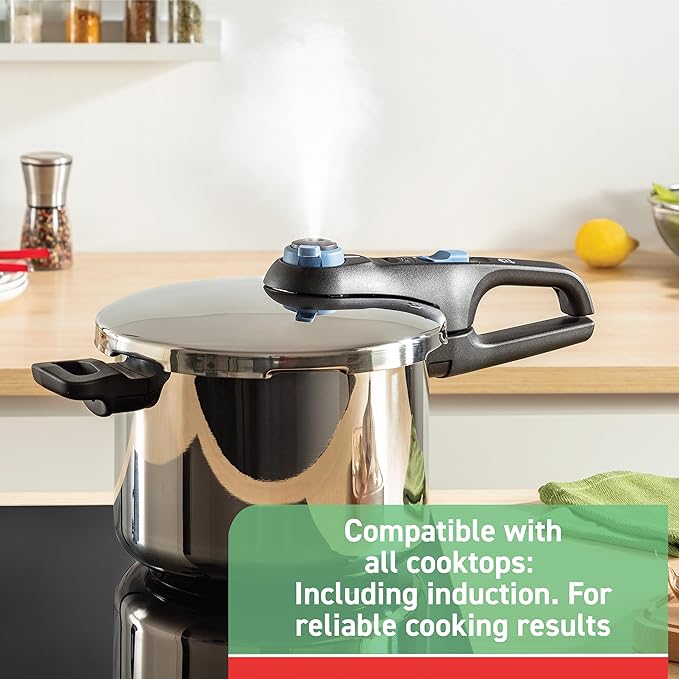 T-fal Trendy Stainless Steel Pressure Cooker, 8.5 Quart, Induction, Secure Locking Mechanism, Easy and safe Opening, Compatible with all cookstops, Kitchen Cookware, Dishwasher Safe, Grey