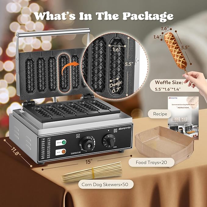 Moongiantgo Commercial Corn Dog Waffle Maker Machine 6 PCS 1550W Hot Dog Cheese Stick Press Iron, 50-300℃ Temp Control, 5-min Timer French Muffin Cooker 110V