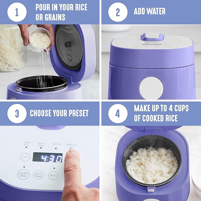 GreenLife Digital Rice Cooker, 2-Cups Uncooked/4-Cups Cooked, Removable Nonstick Ceramic PFAS-Free Pot, One-Touch Presets, Oats, Quinoa, Brown Rice, Auto Keep Warm, Fuzzy Logic Tech, 1.5 QT, Periwinkle