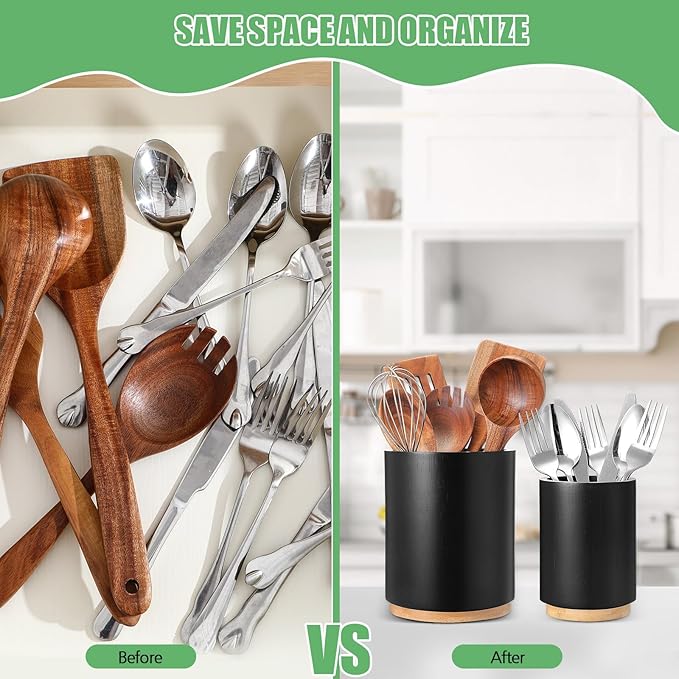 2 Pack Wooden Utensil Holder, 360°Rotating Kitchen Cooking Utensil Crock, Spoon Spatula Holder for Kitchen Counter, Farmhouse Countertop Organizer(Black,Round)