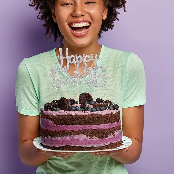 Gyufise 1Pc Happy Sweet 16 Cake Topper Sweet 16 Birthday Decorations Happy 16th Birthday Cake Decorations for Girls/Boys Silver Glitter