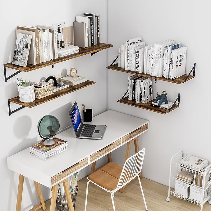 Heimlove Deep Floating Shelves for Wall, 48W x 12D Wood Wall Shelves Set of 2, Wide Floating Bookshelf for Living Room, Kitchen, Office, Bedroom and Decor Storage, with Metal Bracket - Rustic Brown