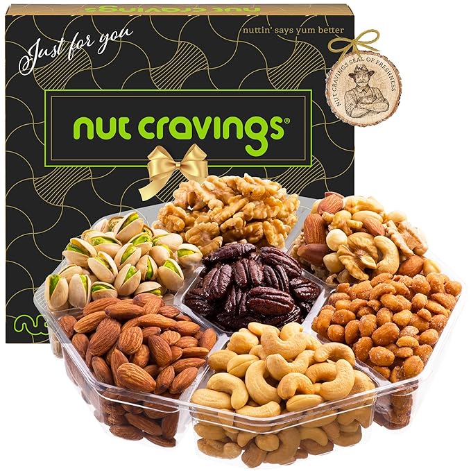 NUT CRAVINGS - Mixed Nuts Gift Basket in Black Gold Box (7 Assortments, 2 LB) Food Arrangement, Healthy Snack Care Package, Food Assortments