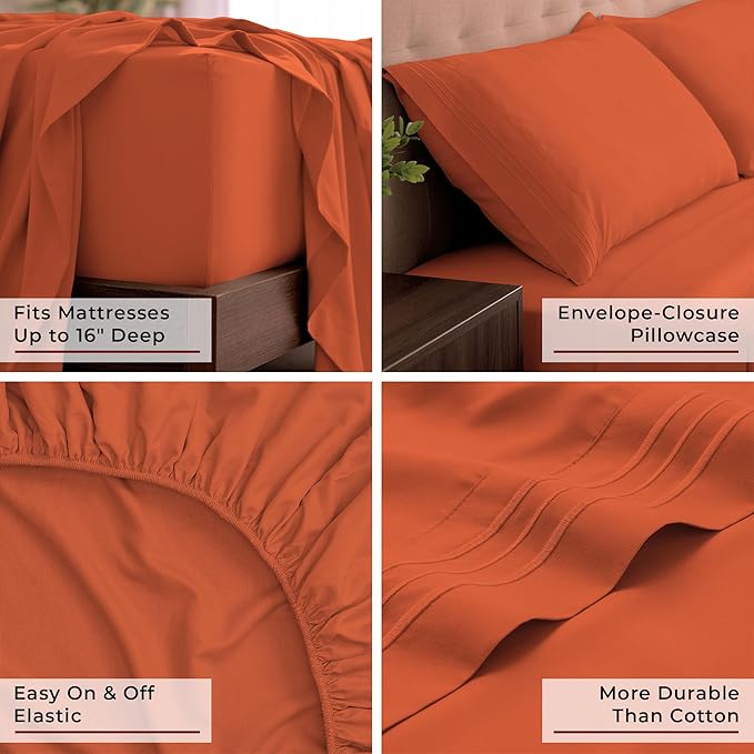 Mellanni King Sheets Set - 4 PC Iconic Collection Bedding - Hotel Luxury, Extra Soft, Cooling Bed Sheets - Wrinkle, Fade, Stain Resistant (King, Poppy Orange)