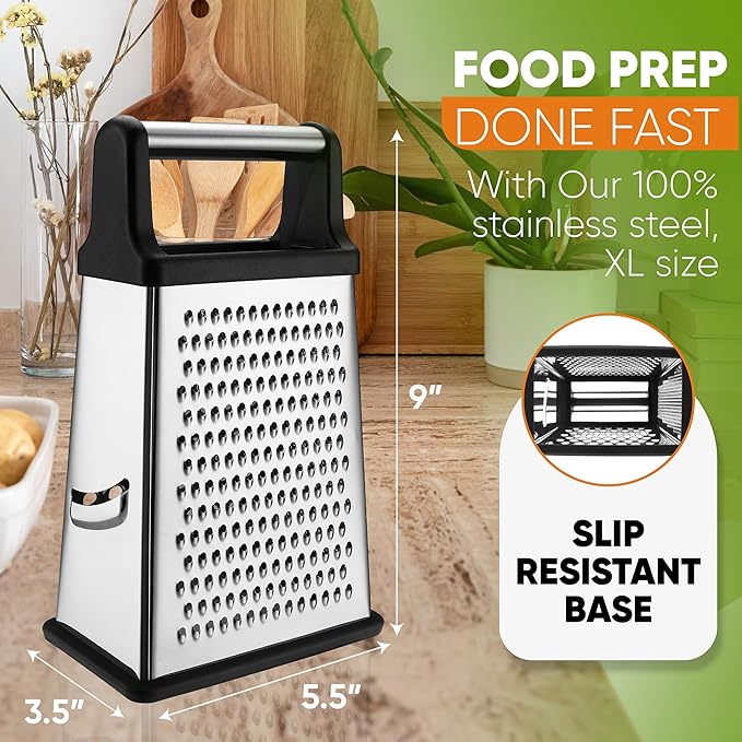 Spring Chef Professional Cheese Grater - Stainless Steel, XL Size, 4 Sides - Perfect Box Grater for Parmesan Cheese, Vegetables, Ginger - Dishwasher Safe - Black