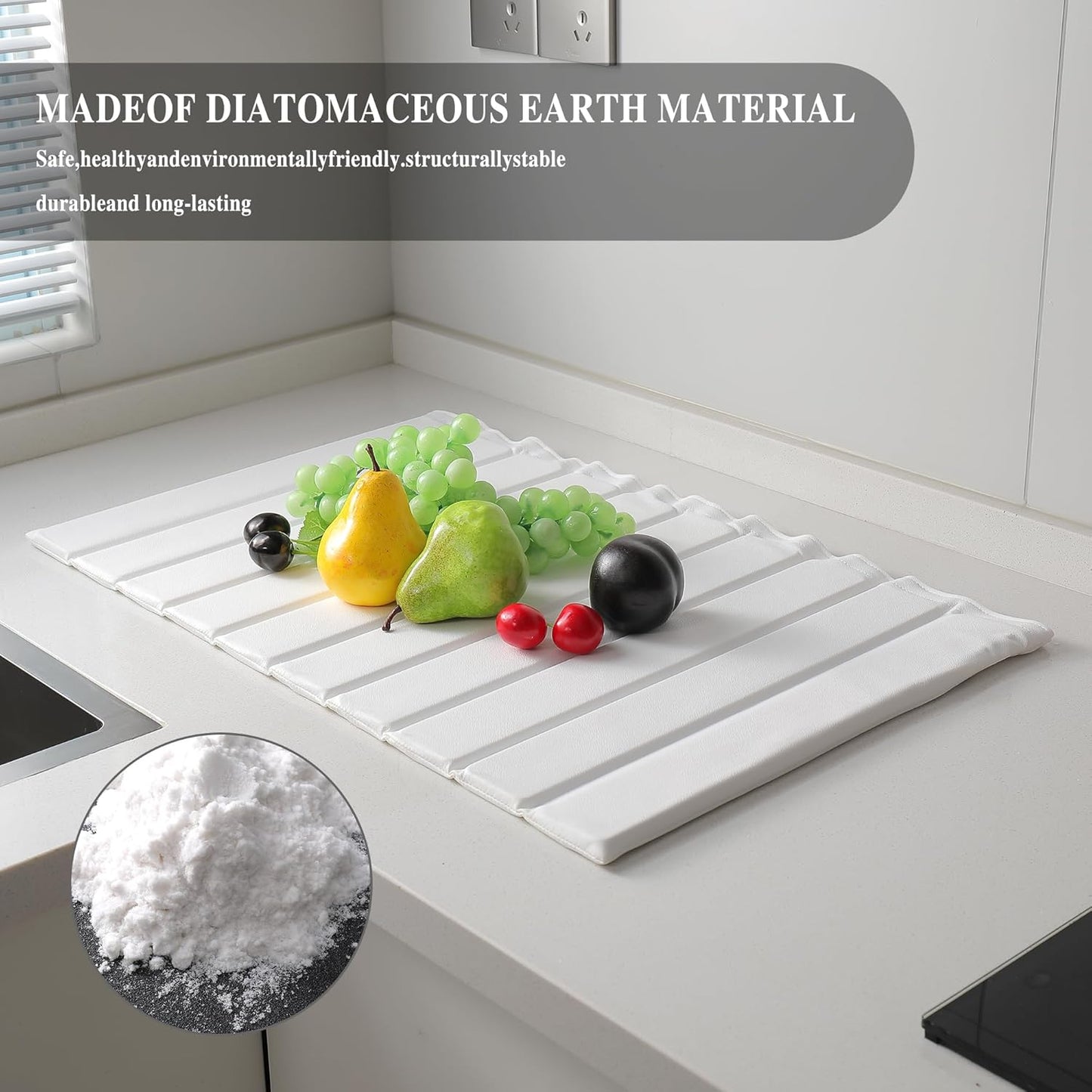 Stone Drying Mat for Kitchen Counter, Collapsible Diatomaceous Earth Dish Drying Mats, Supe Absorbent Quick Dry Stone Mat Kitchen，PU Leather Surface Removable and washable (White, 23.6”x15.4”)