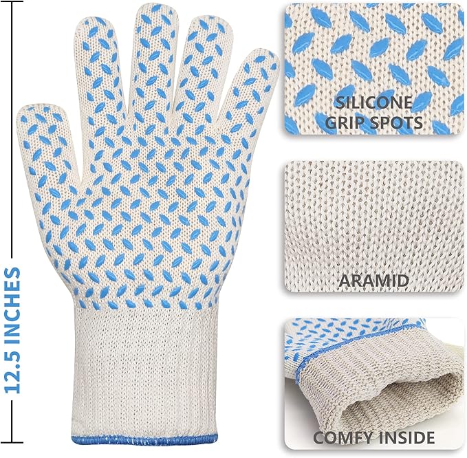 DEYAN Heat Resistant Oven Gloves 932°F | Silicone Non-Slip Mitts with Fingers | Flexible for Baking, BBQ, Grilling | Machine Washable (White, 1 Pair)