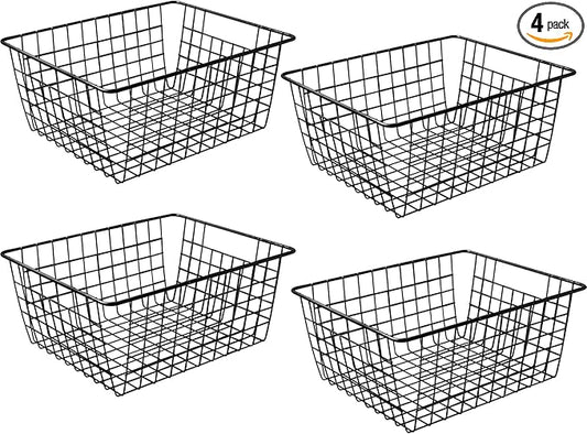 14" Upright Freezer Storage Baskets, Black Wire Storage Bins Large Bakset for Freezer, Pantry, Bathroom Organizing, Set of 4