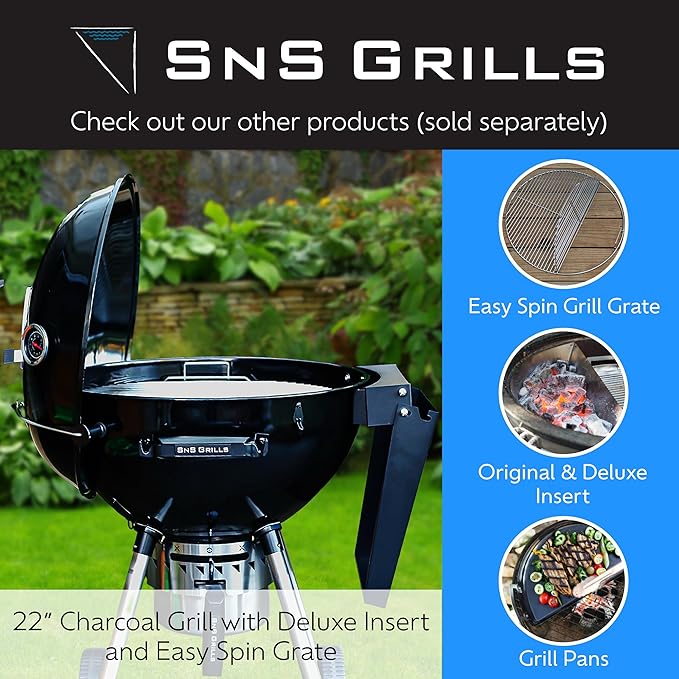 SnS Grills EasySpin Charcoal Grill Cooking Grate, 304 Stainless Steel, Large Hinged Opening, Perfect for 2-Zone Cooking, Replacement Grate Compatible with Weber & Other Grills - 18” Inches