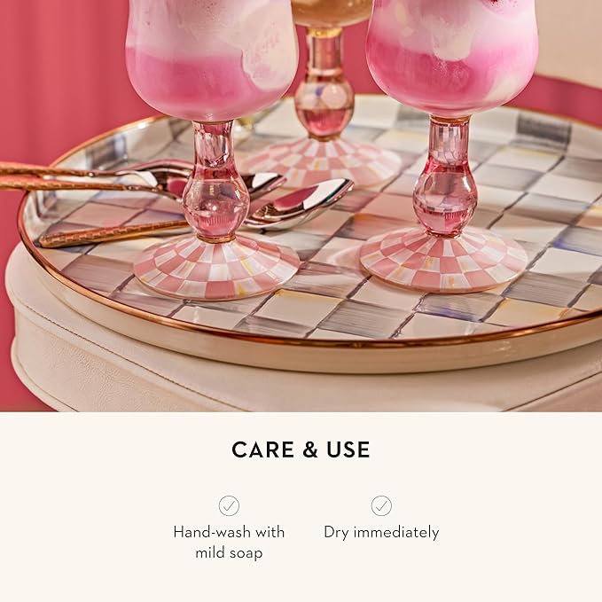 MACKENZIE-CHILDS Enamel Round Tray, Unique Serving Platter for Food and Drinks, Gray-and-White Sterling Check