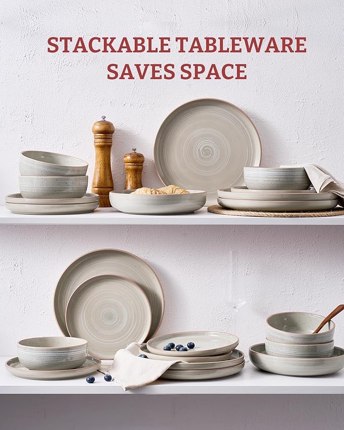 Famiware Meteor Plates and Bowls Sets for 4, 12 Pieces Dinnerware Sets, Microwave and Dishwasher Safe Dishes Set, Matcha Green