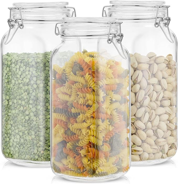 JoyJolt Airtight Glass Jars with Lids Set of 3. 78oz Glass Jar with Lid and 6 Silicone Seals! Large Glass Food Storage Containers. Square Mason Jar for Candy, Flour, Pasta Containers for Pantry