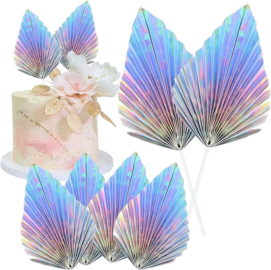 Gyufise 6Pcs Paper Palm Fan Cake Toppers Palm Spear Leaves Fan Cupcake Toppers Cake Insert Decorations Craft DIY Cake Bakeware Decoration for Birthday Party Wedding Party Decor Supplies Laser