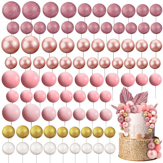 108 Pcs Balls Cake Topper DIY Cupcake Insert Foam Balloons for Cake Baking Wedding Anniversary Birthday Decoration(Assorted Pink, White, Gold,Multi Sizes)