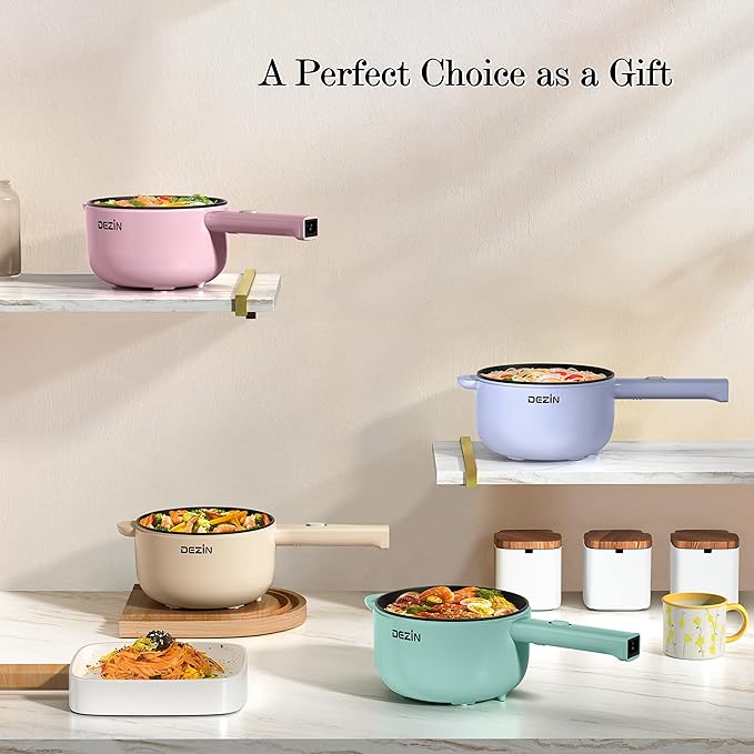 Dezin Electric Cooker, 2L Non-Stick Sauté Pan, Rapid Noodles Mini Pot for Steak, Egg, Fried Rice, Ramen, Oatmeal, Soup with Power Adjustment, College Dorm Room Essential