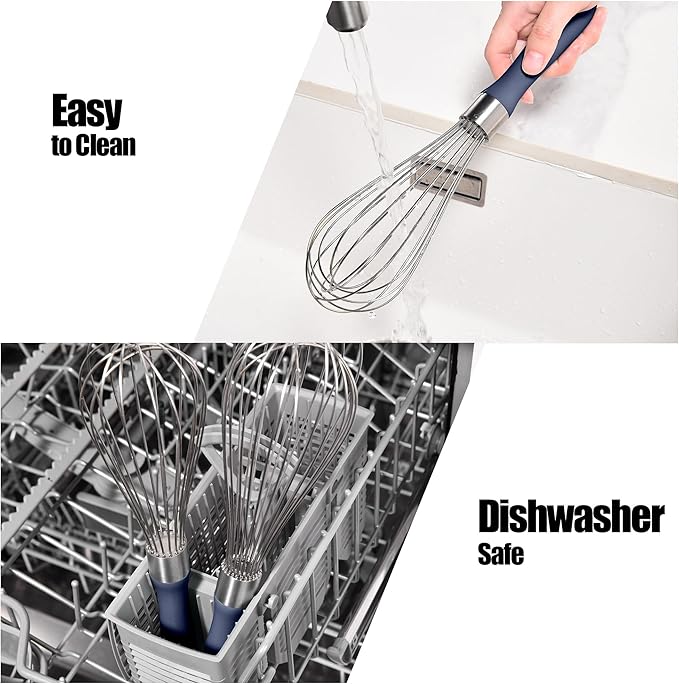 18/8 Stainless Steel Balloon Whisk, Doosu Kitchen Whisk for Cooking Handheld Egg Beater with Rust-Proof Sturdy Wires & Non-Slip Silicone Handle for Beating, Stirring, Blending (8 Wires, Navy Blue)