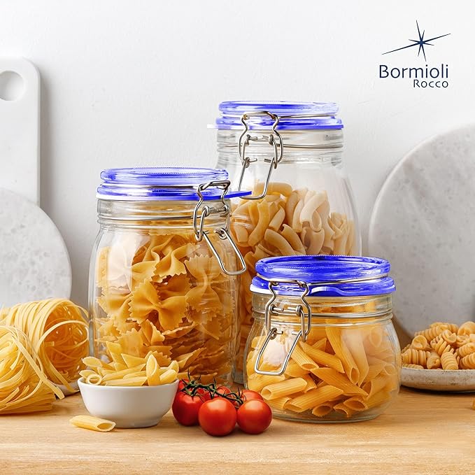 Bormioli Rocco Fido Glass Jars, Blue Lids – Serving & Entertaining Containers, Assorted Sizes - Airtight Clamp Canisters for Appetizers, Desserts, Snacks – Italian Glass, Dishwasher Safe (Set of 3)