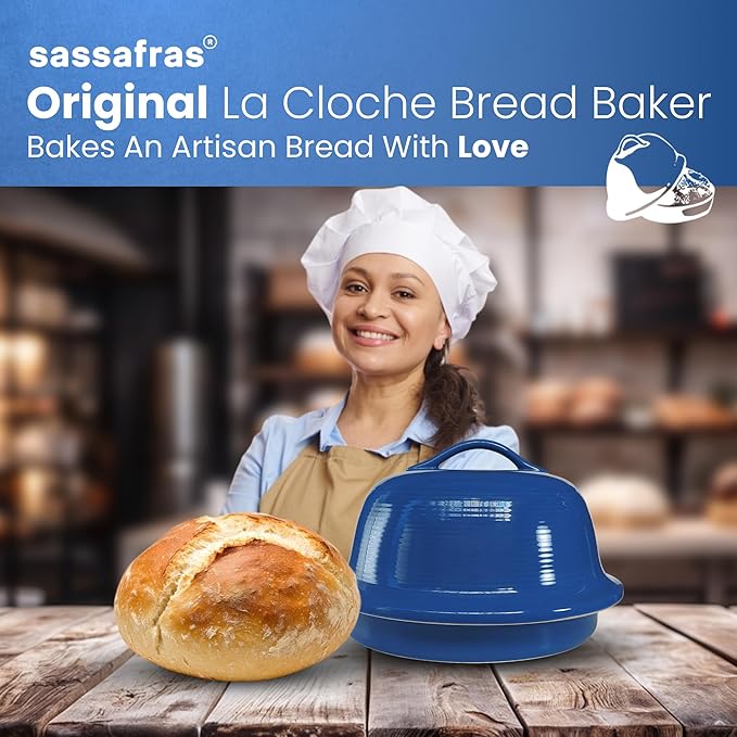 Sassafras Superstone® Stoneware La Cloche® Bread Baker with Blue Glazed Exterior and Unglazed Interior Bakes an Artisan Bread with Crusty Crust and a Light Crumb