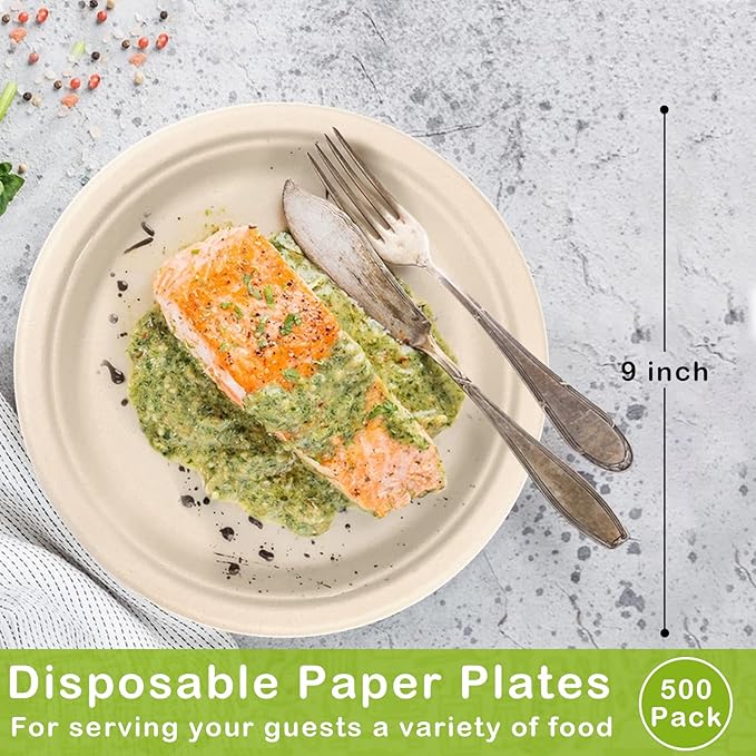 Paper Plates Bulk 500 Count, 100% Compostable Paper Plates 9 inch, Eco Friendly Recycled Paper Plates, Brown Paper Plates Heavy Duty for Party, Picnic, BBQ