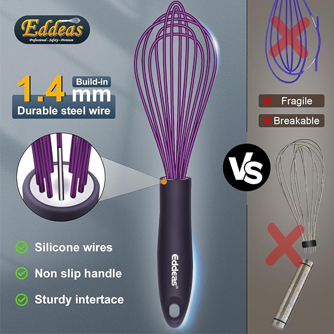 Whisk Eddeas Silicone Whisk Set of 6.Silicone whisks for cooking non Scratch.BPA Free and Dishwasher Whisk.7+9+11inch Colorful Wisk Great for cooking and Baking.（6pcs ）