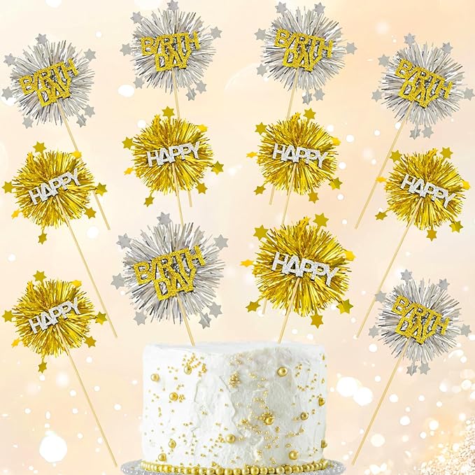 LOLStar 12 PCS Happy Birthday Cake Toppers, Gold and Silver Foil Cupcake Toppers, Glitter Tinsel Cupcake Decor, Food Picks Drink Stirrers Cocktail Toothpicks for Celebrating Party Supplies