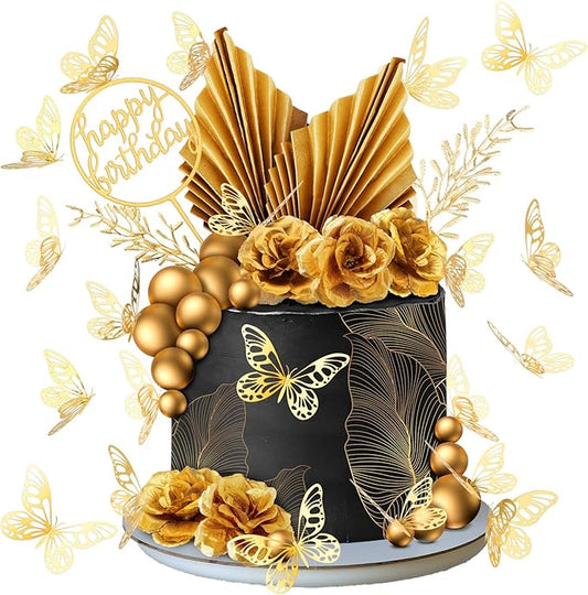 Shimeyao 52 Pcs Wedding Birthday Gold Cake Decoration Boho Cake Topper Pink Purple Flower Butterfly Palm Leaves Balls Toppers for Women Baby Shower Party Decoration(Gold)