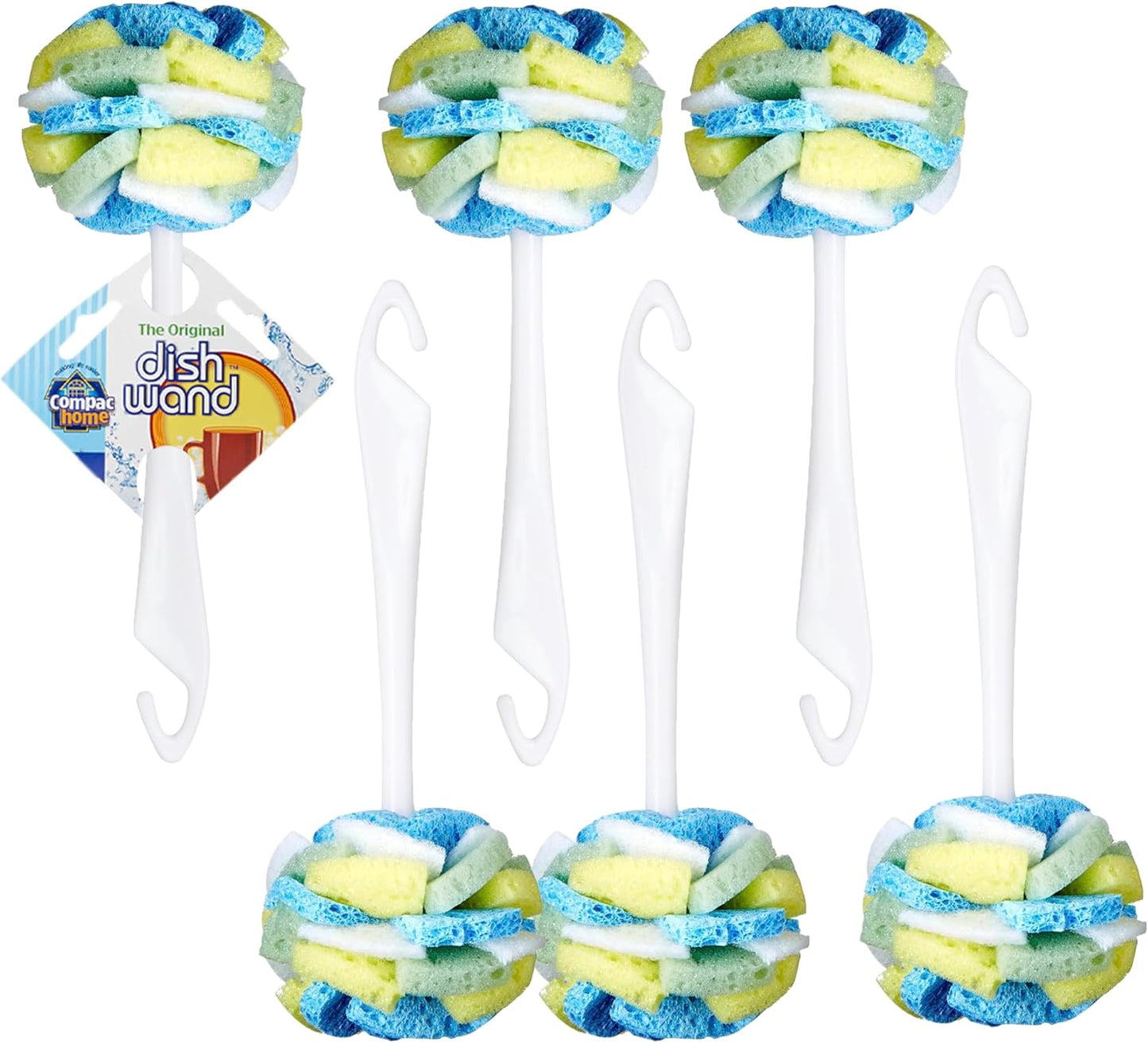 Compac Home Dish SpongeWand Plus Tri Surface Scrubbing Sponge with Cello Foam Scour Sponge Petals, Cleans Dishes, Glassware 360 Scrubber Pads for Tough to Clean Pots Pans, Multi-Color, (Pack of 6)
