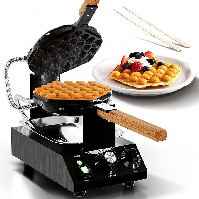 PYY Bubble Waffle Maker – 180° Rotating, Non-Stick Coating, Wooden Handle & Crumb Tray, Hong Kong Round Cones, 1500W Commercial Egg Puff Waffle Iron, 122-482℉ Electric Stainless Steel