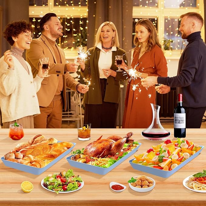 WOWBOX 4 pcs Serving Tray for Entertaining, Serving Platters for Snacks, Fruit, Cookies, Dessert, Reusable Plastic Trays for Serving Food and Pantry Organization in Kitchen & for Parties, (Blue)