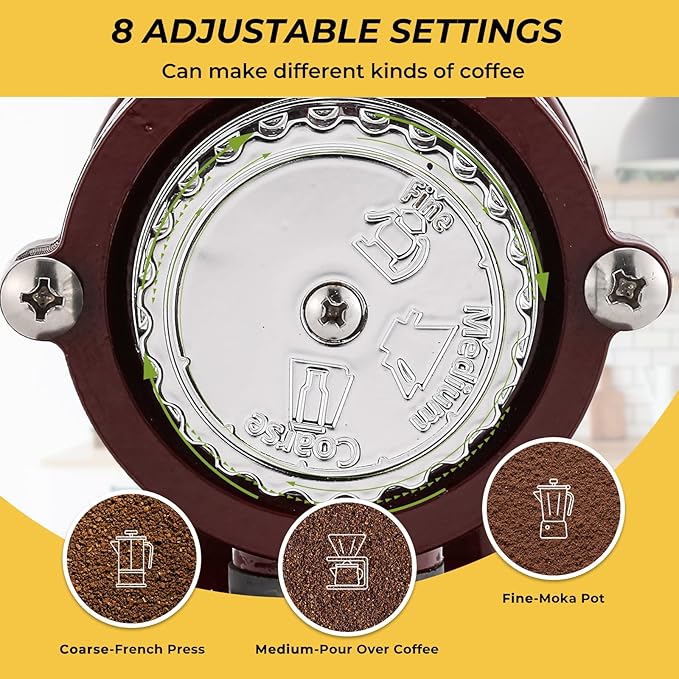 Burr Coffee Grinder - Electric Espresso Grinder for Home & Commercial Use, Silent, Adjustable Grind, With Hopper, Brush, Spoon, Red