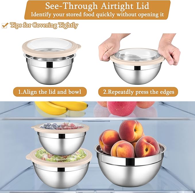 LIANYU Mixing Bowls with Visible Airtight Lids, 3Pcs Stainless Steel Large Metal Nesting Kitchen Bowls Set, 4.6 & 3 & 1.5QT Size Ideal for Mixing, Baking, Serving, Dishwasher & Freezer Safe, Khaki