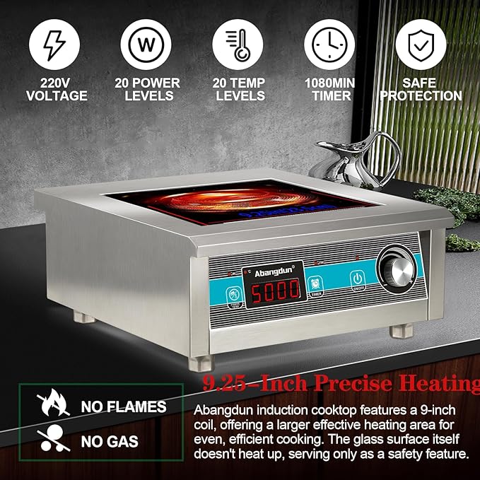 Commercial Induction Cooktop 5000W/190V~275V Commercial Range Countertop Burners Non-circulating Heating at Low Power18-hour Timer Hot Plate for Kitchen