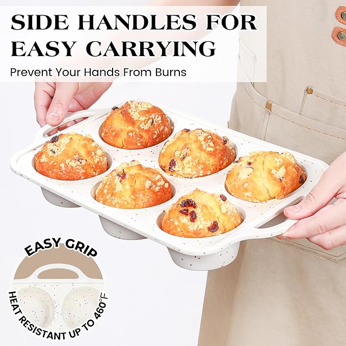 1 Pc Jumbo Muffin Pan with Metal Frame, Nonstick 6 Cup Extra Large Cupcake Pan for Baking, Silicone Deep Muffin Tray for Egg Bites (Cream)