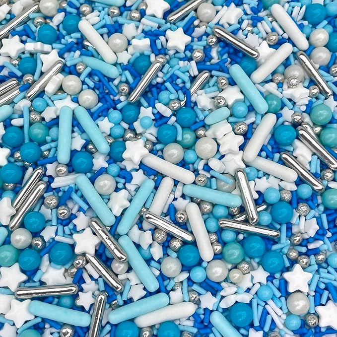 Manvscakes Sprinkles- Edible Cake and Cupcake Sprinkles with Assorted Shapes and Sizes for Parties, Metallic Sprinkle Mix for Cookies, Ice Cream, Cake and Cupcake Decorating, 4 oz, Blue sprinkles